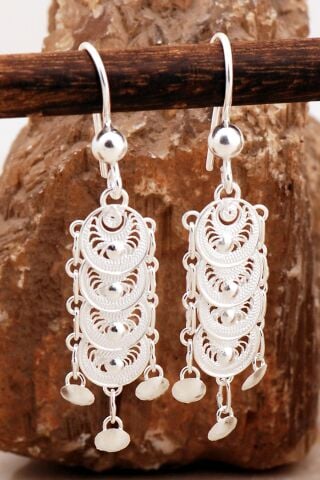 Telkari İşlemeli Elişi Orta Boy Pullu Gümüş Küpe 6999