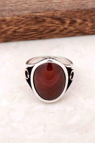 Akik Taşlı Ay Yıldız Tasarımlı Gümüş Erkek Yüzük 725