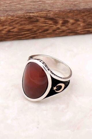 Akik Taşlı Ay Yıldız Tasarımlı Gümüş Erkek Yüzük 725