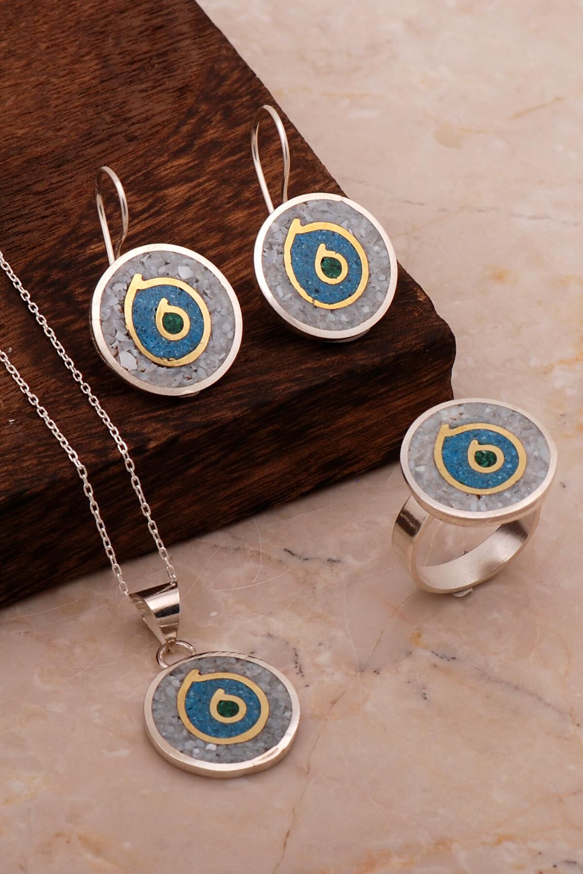 Antik Mozaik İşlemeli Renkli Gümüş Set 2686