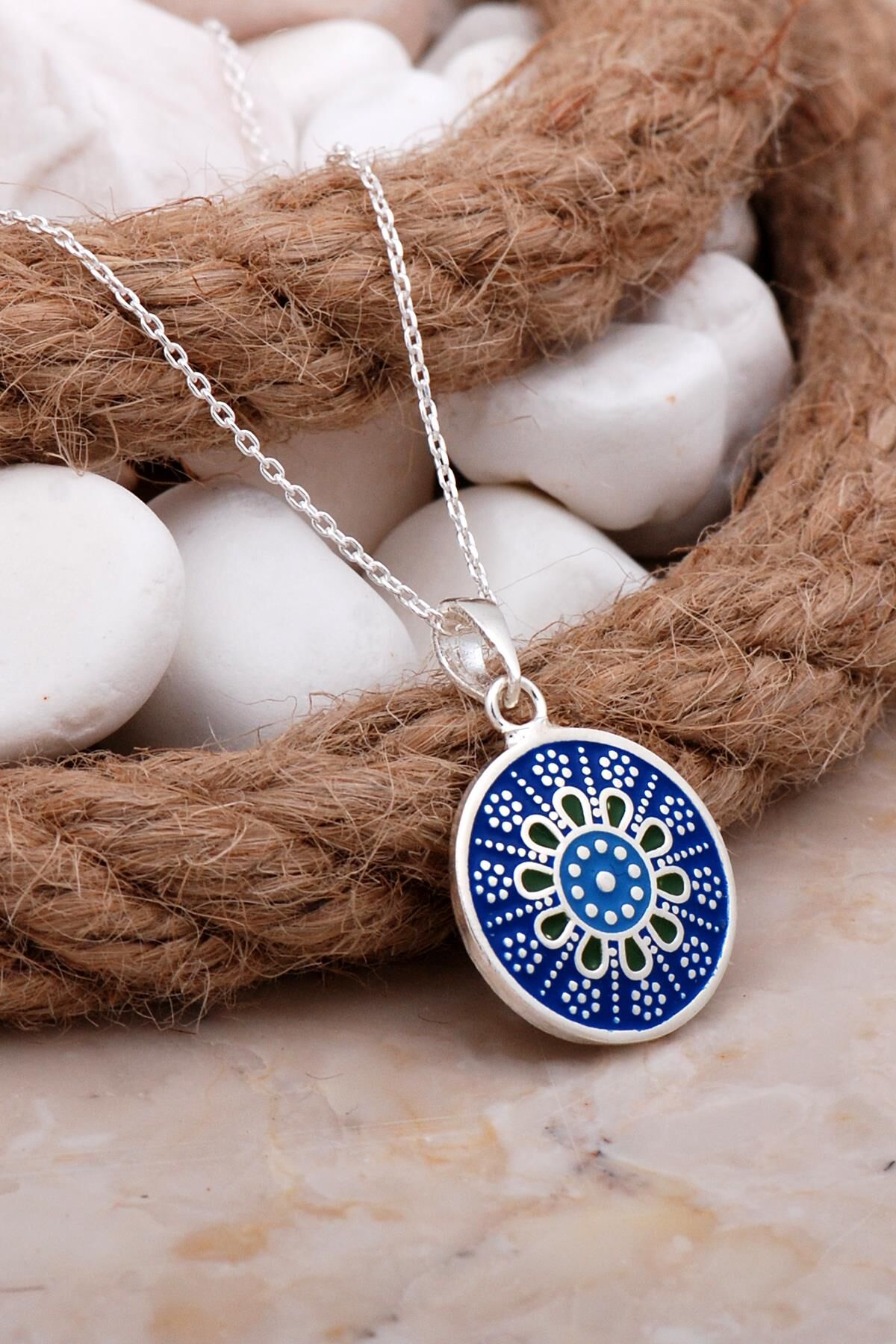 Anadolu Motifli Mineli Tasarım Gümüş Kolye 7799