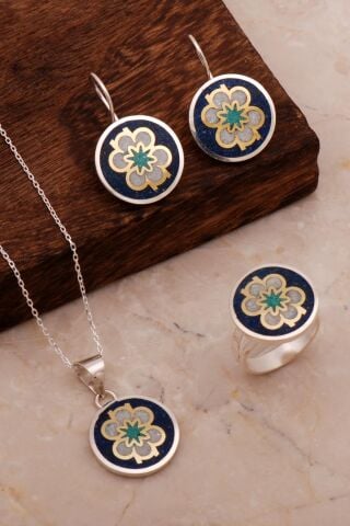 Çiçek Mozaik İşlemeli Renkli Gümüş Set 2689