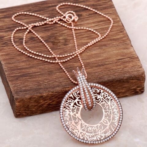 Rose Gümüş Nazar Ayetli Tasarım Laleli Uzun Kolye 3921