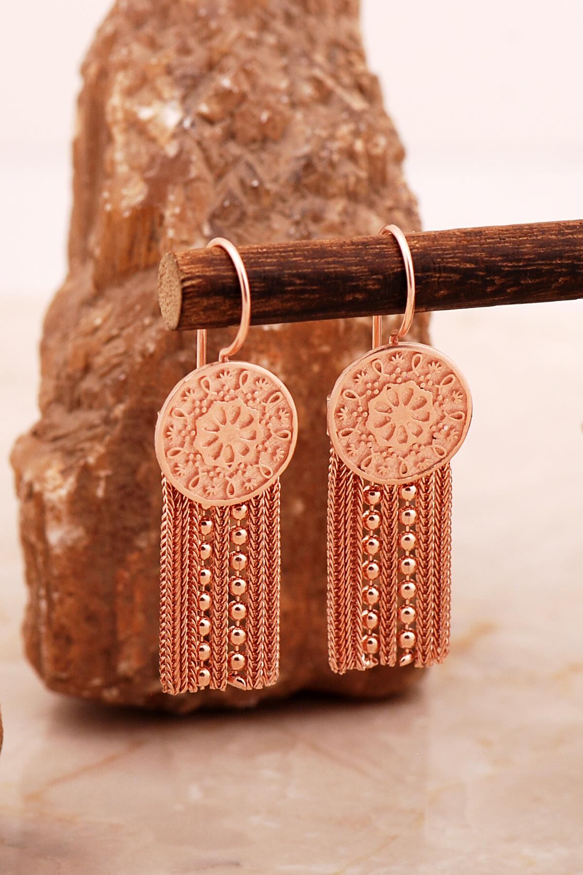 Anadolu Motifli Elişi Hasır Rose Gümüş Küpe 7004