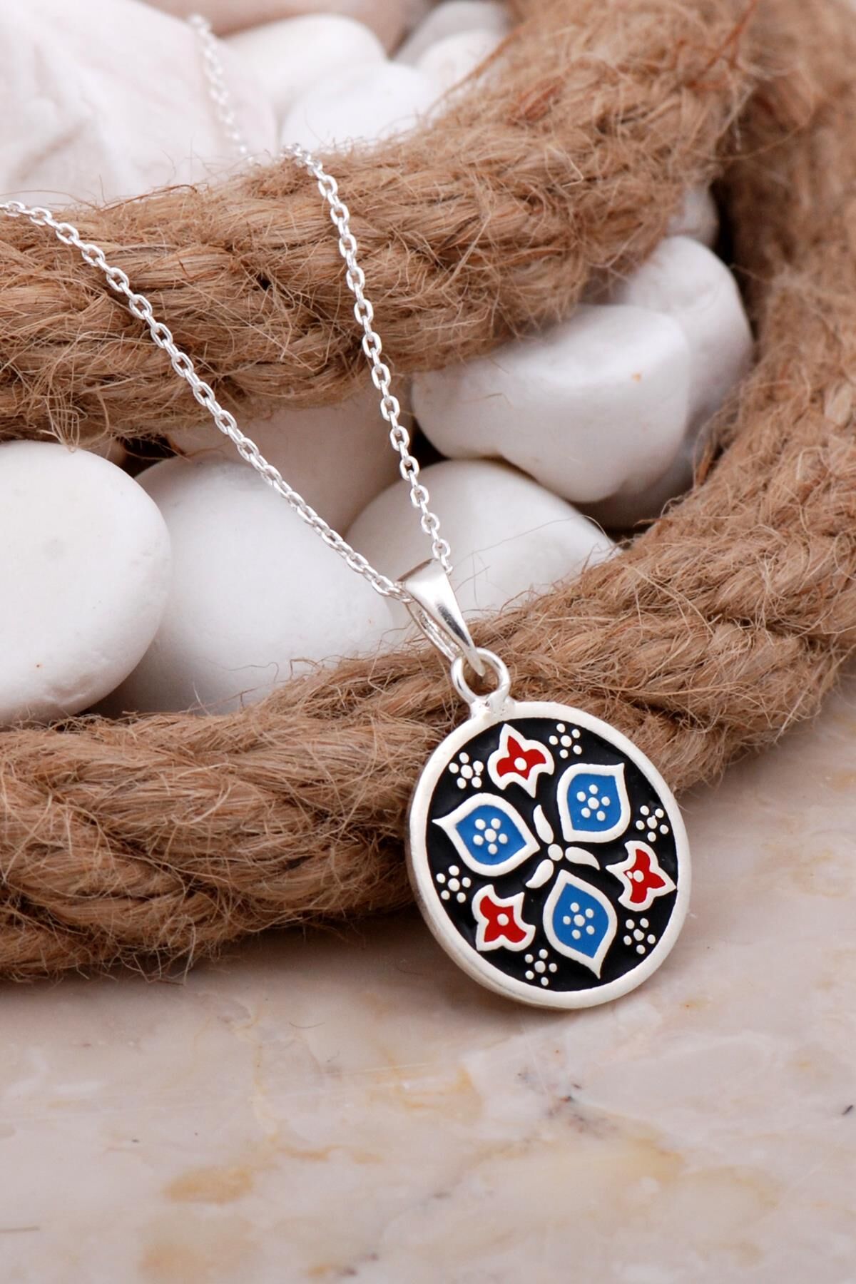 Anadolu Motifli Mineli Tasarım Gümüş Kolye 7801