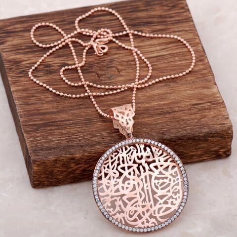 Rose Gümüş Nazar Ayetli Tasarım Uzun Kolye 3922