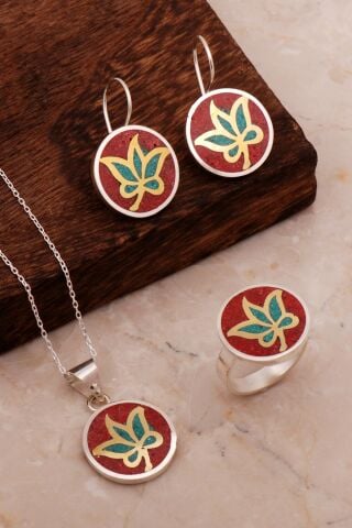 Yaprak Mozaik İşlemeli Renkli Gümüş Set 2691