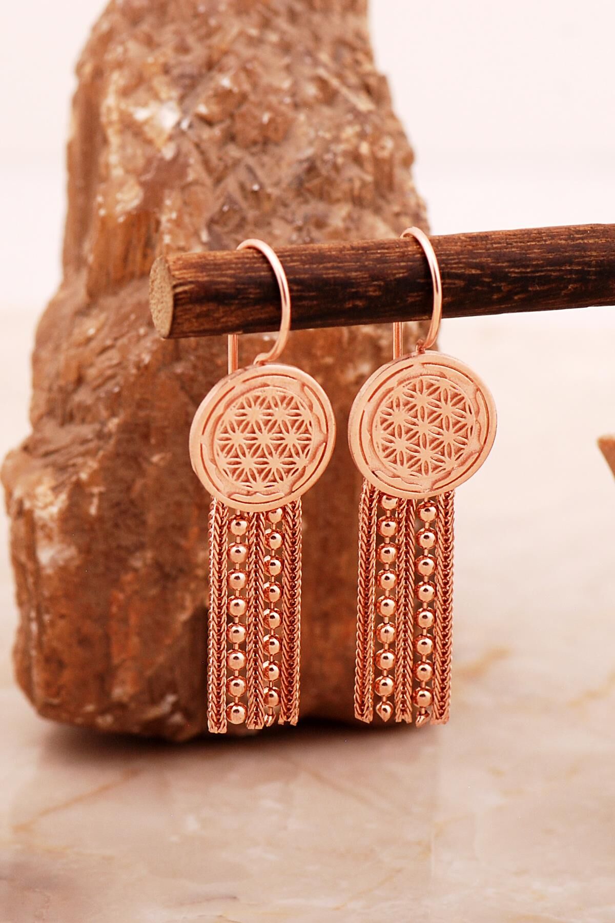 Yaşam Çiçeği Motifli Elişi Hasır Rose Gümüş Küpe 7005