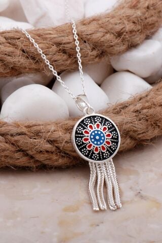 Anadolu Motifli Mineli Tasarım Gümüş Kolye 7803