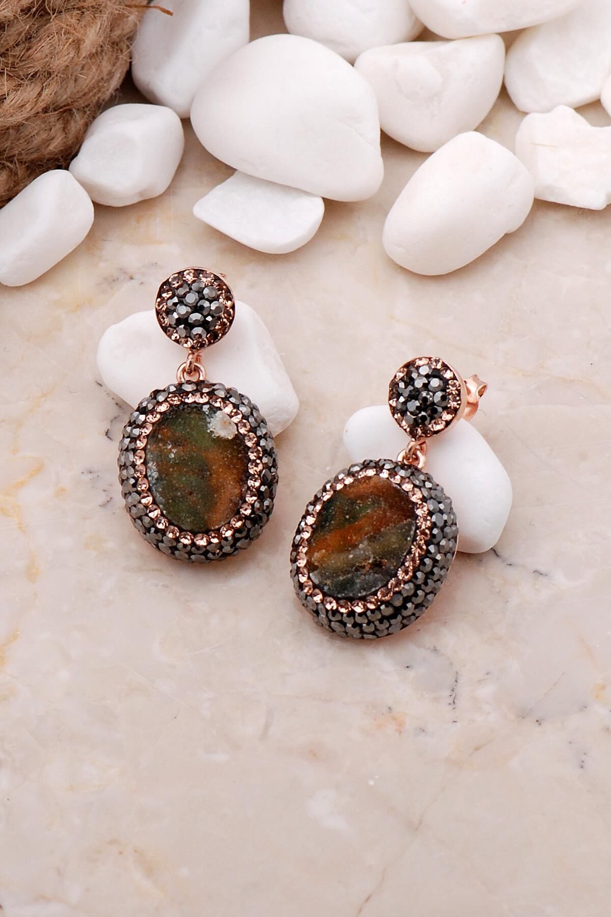 Doğal Krizopraz Taşlı Oval Rose Gümüş Küpe 5622