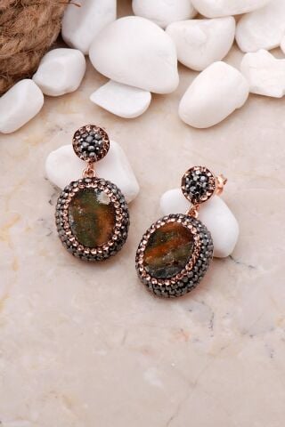 Doğal Krizopraz Taşlı Oval Rose Gümüş Küpe 5622