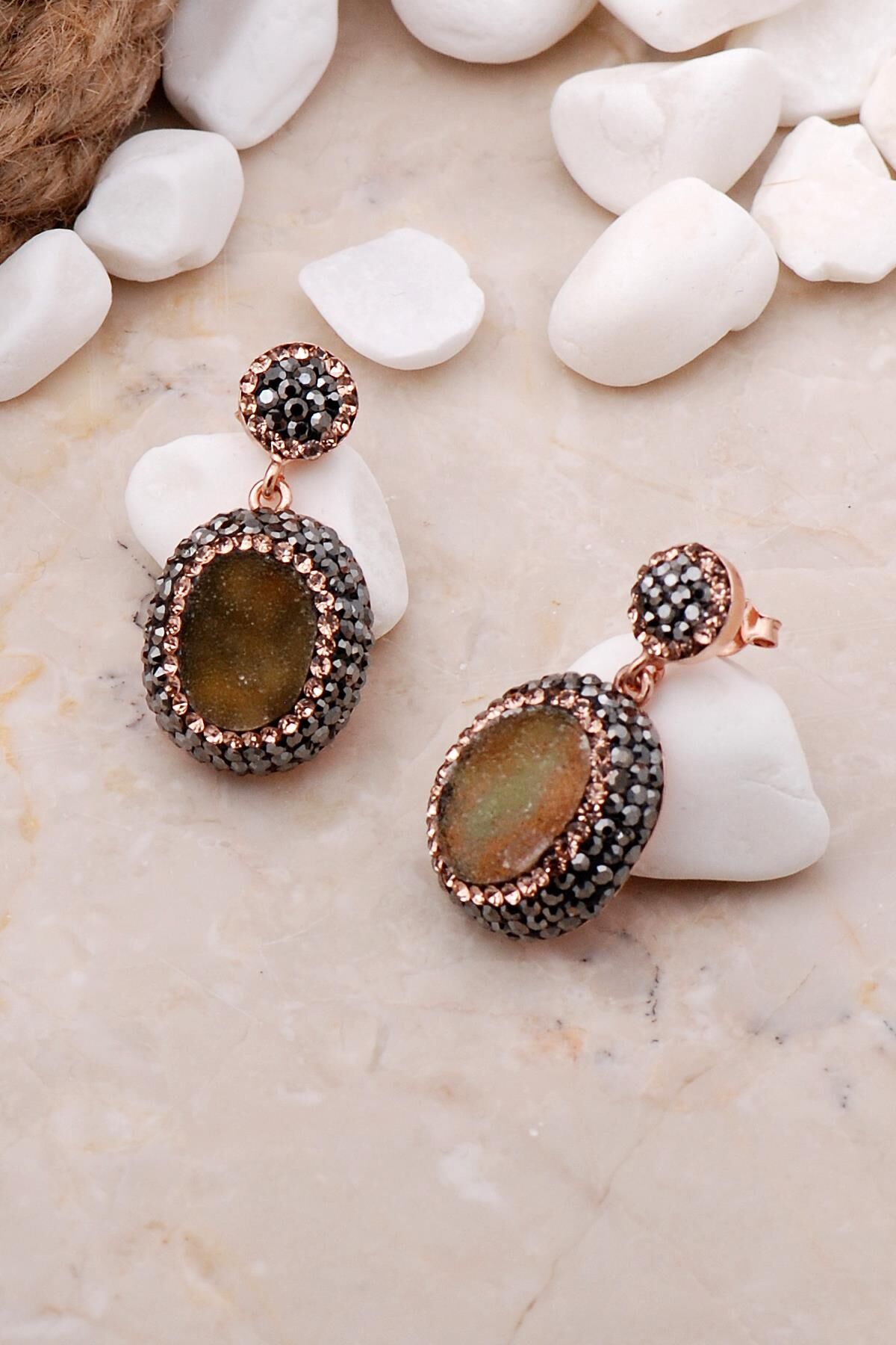 Doğal Krizopraz Taşlı Oval Rose Gümüş Küpe 5623