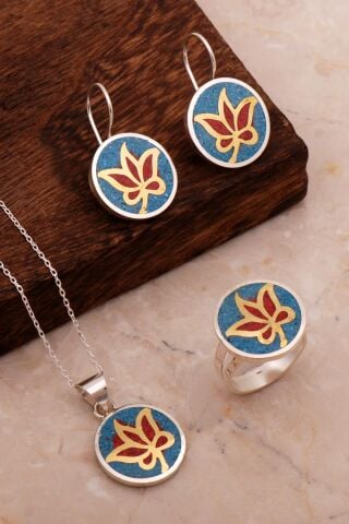 Yaprak Mozaik İşlemeli Renkli Gümüş Set 2693