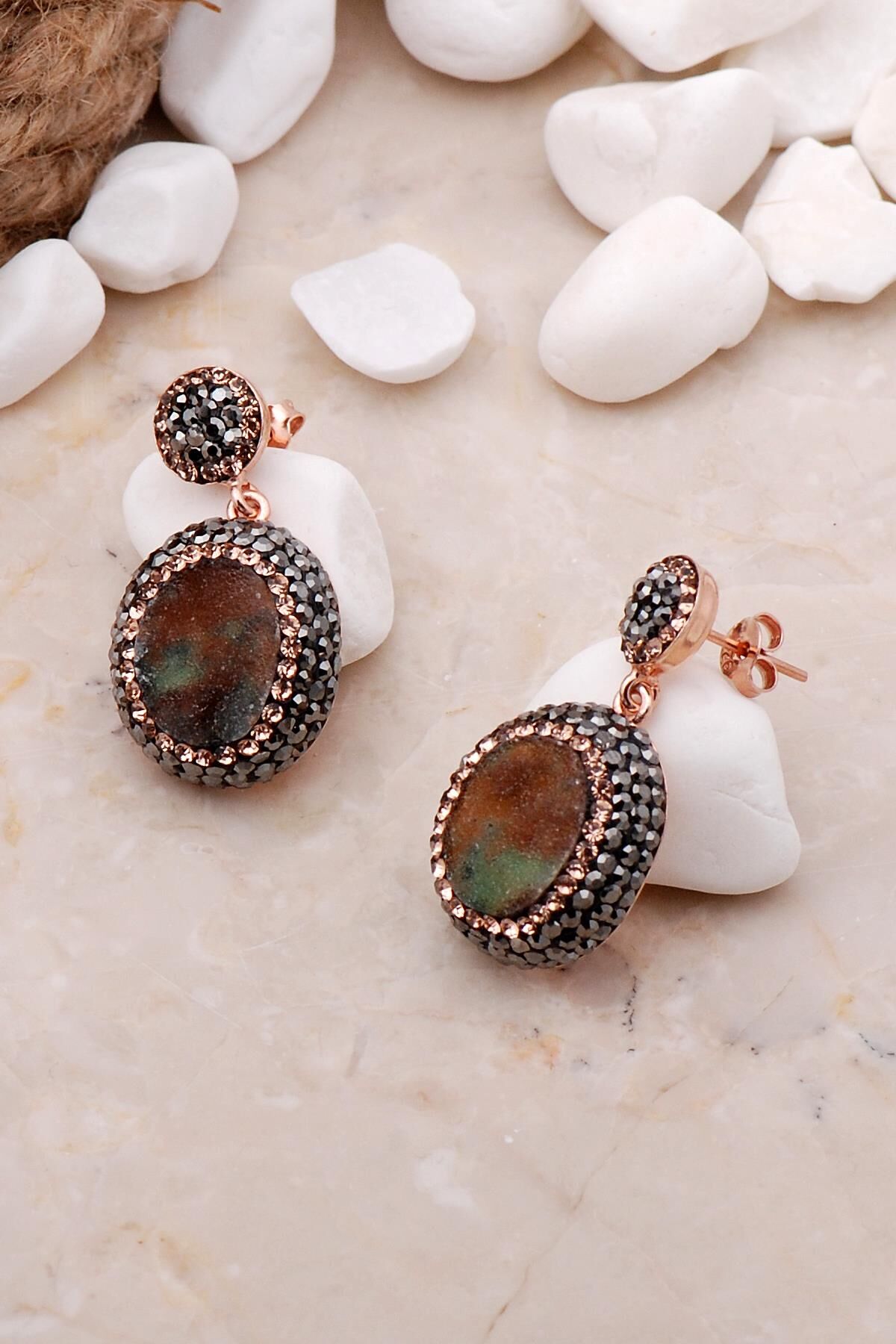 Doğal Krizopraz Taşlı Oval Rose Gümüş Küpe 5624