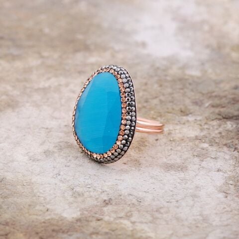 Opal Taşlı Elişi Tasarım Gümüş Rose  Yüzük 2165