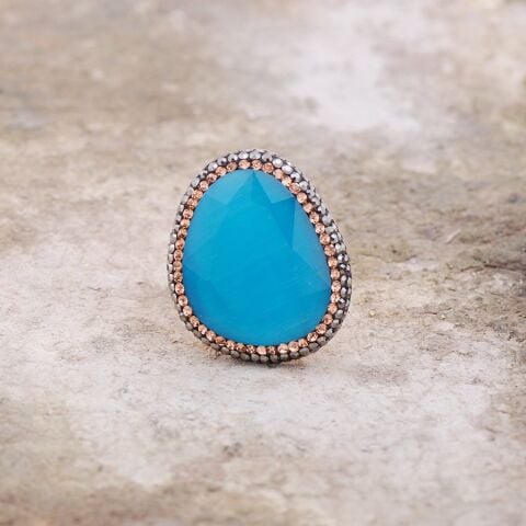 Opal Taşlı Elişi Tasarım Gümüş Rose  Yüzük 2165