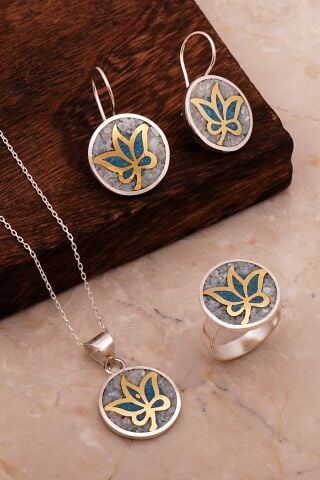 Yaprak Mozaik İşlemeli Renkli Gümüş Set 2694