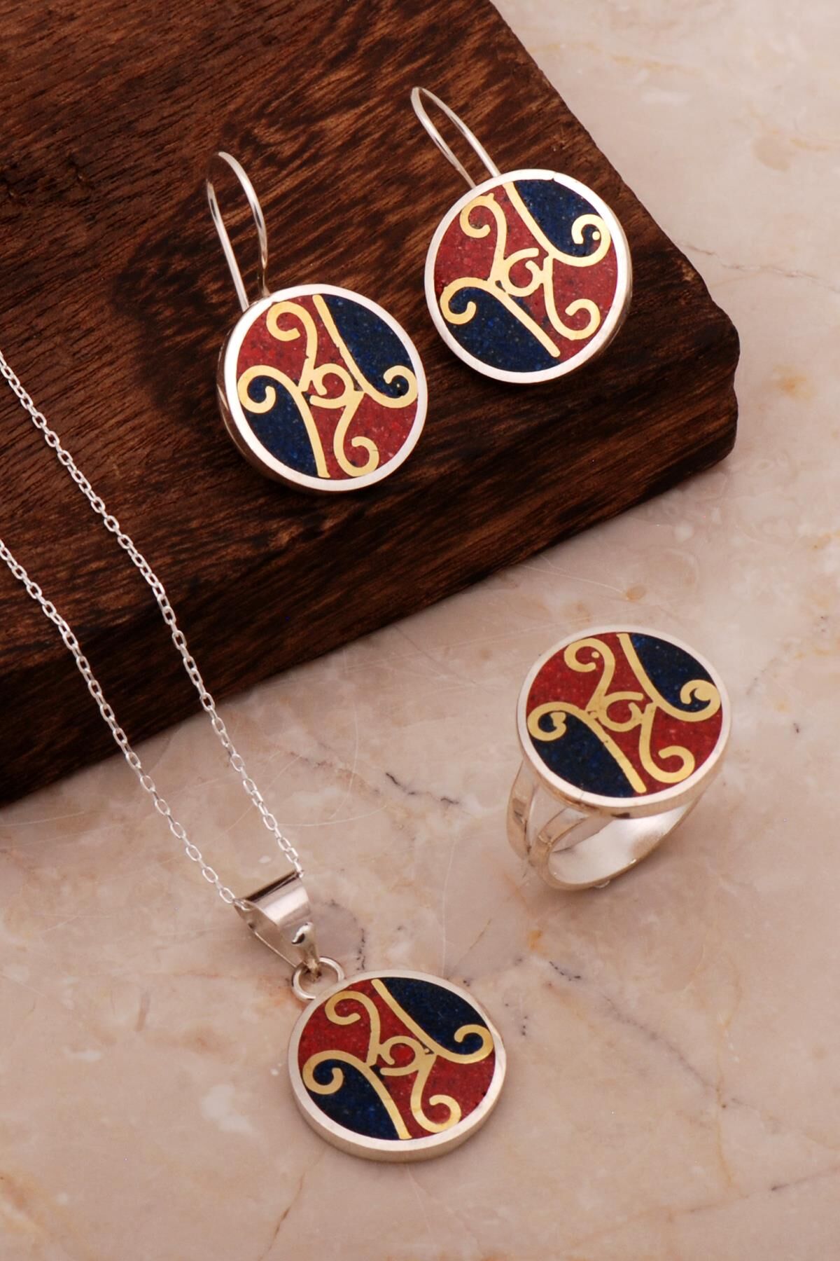 Antik Mozaik İşlemeli Renkli Gümüş Set 2697