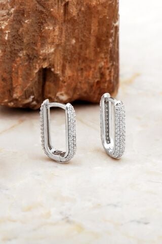 Tamtur Taşlı Rodyumlu Dikdörtgen Gümüş Küpe 7011