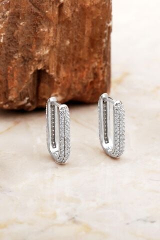 Tamtur Taşlı Rodyumlu Dikdörtgen Gümüş Küpe 7011