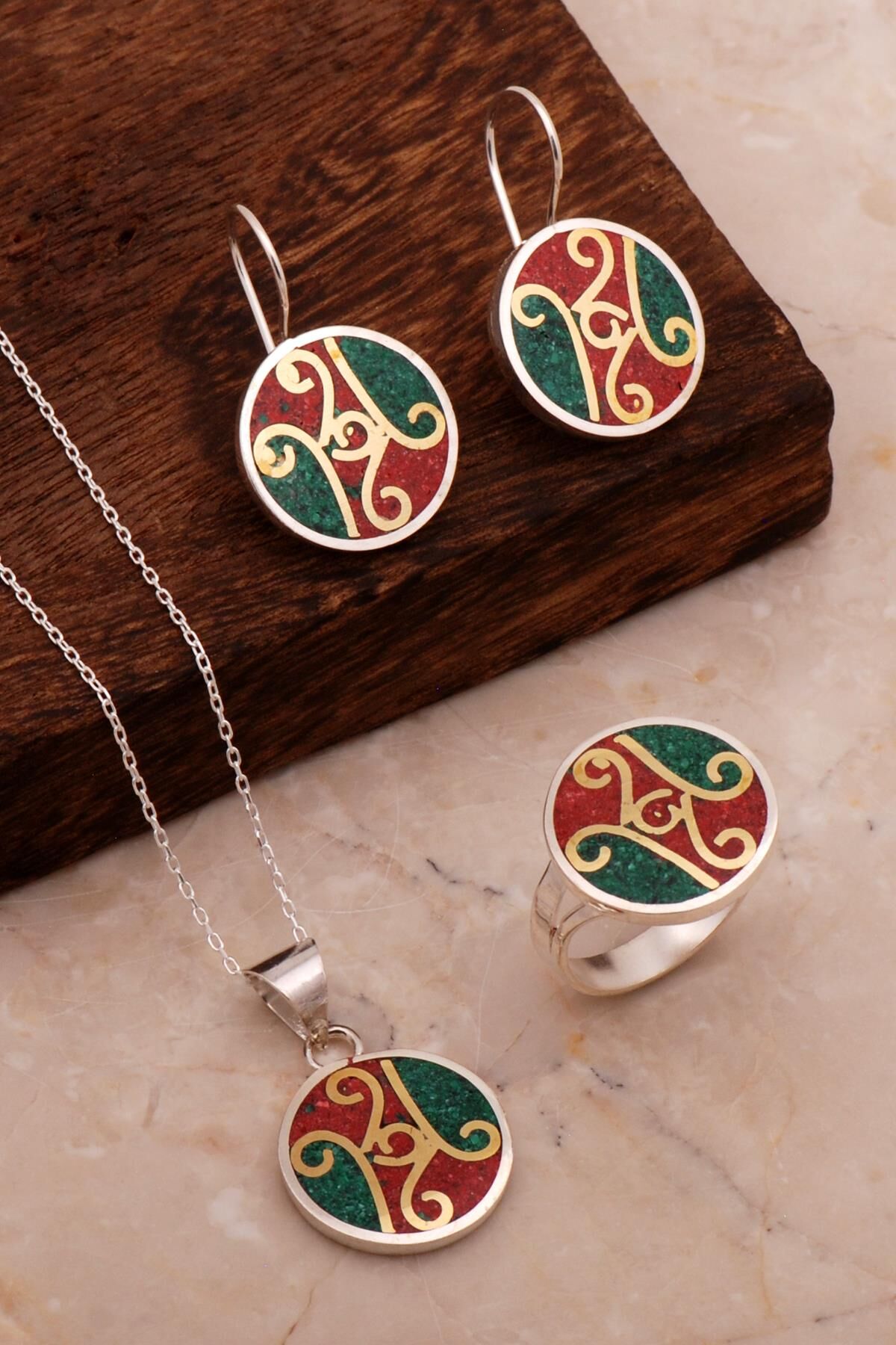 Antik Mozaik İşlemeli Renkli Gümüş Set 2698