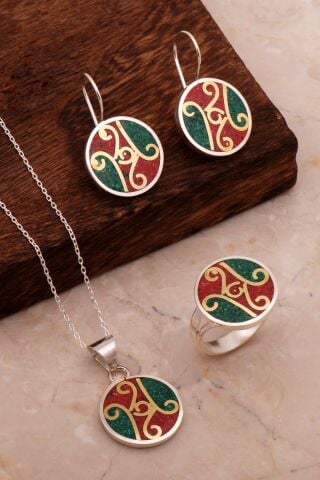 Antik Mozaik İşlemeli Renkli Gümüş Set 2698