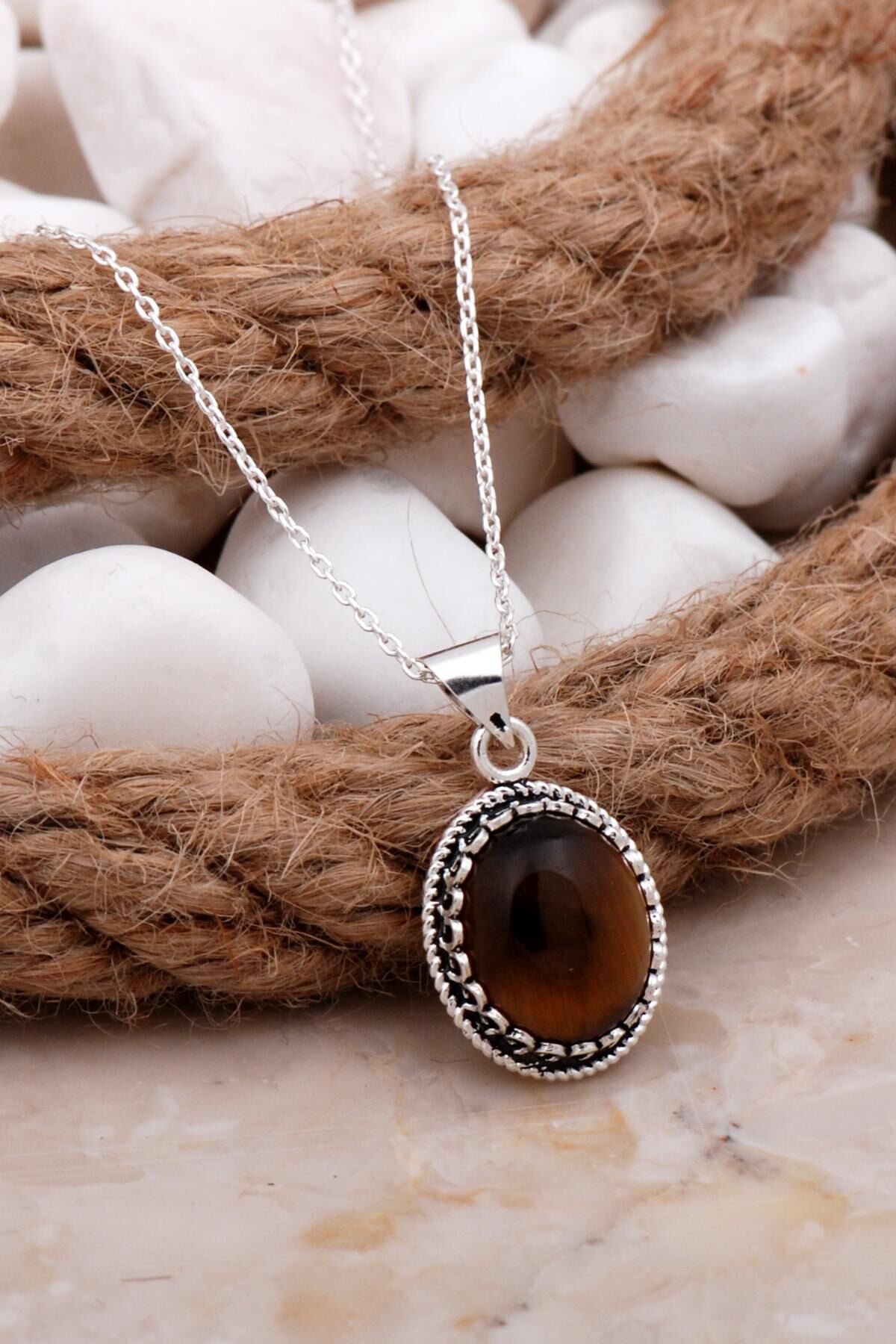 Kaplan Gözü Telkari İşlemeli Gümüş Kolye 7809