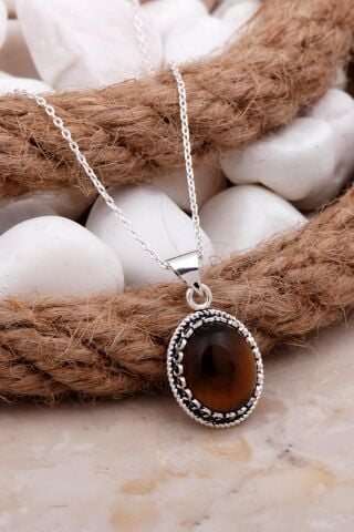 Kaplan Gözü Telkari İşlemeli Gümüş Kolye 7809