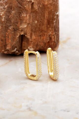 Tamtur Taşlı Altın Kaplama Dikdörtgen Gümüş Küpe 7012