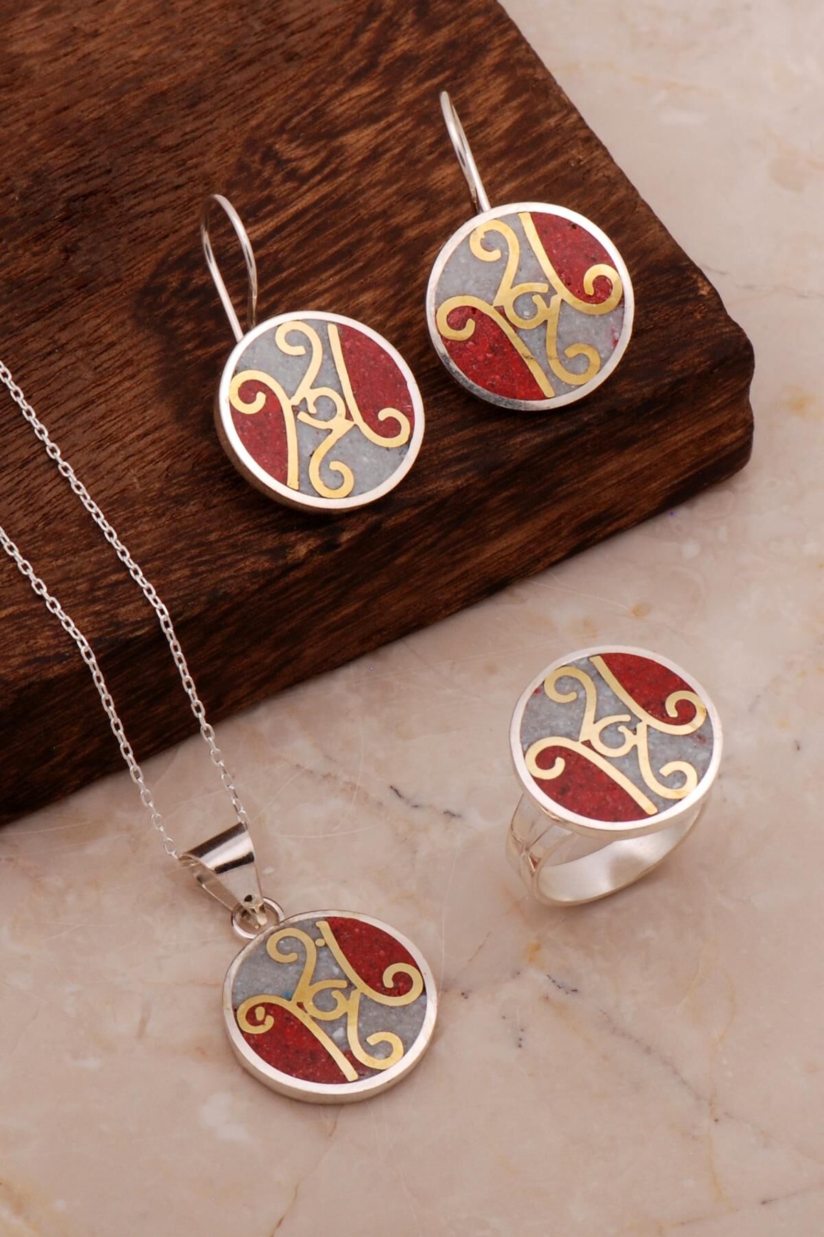 Antik Mozaik İşlemeli Renkli Gümüş Set 2699