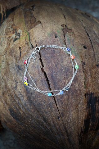 Renkli Nazar Boncuklu Gümüş Bileklik 3298