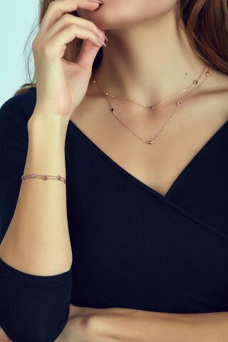 Sıra Taşlı Rose Gümüş Kolye Bileklik Seti 2061