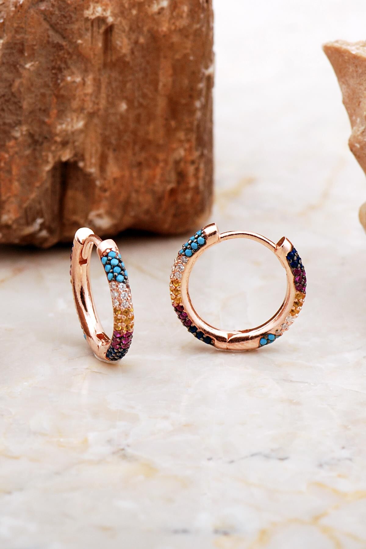 19 Mm Tamtur Taşlı Renkli Rose Gümüş Halka Küpe 7016