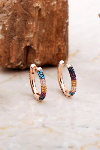 19 Mm Tamtur Taşlı Renkli Rose Gümüş Halka Küpe 7016