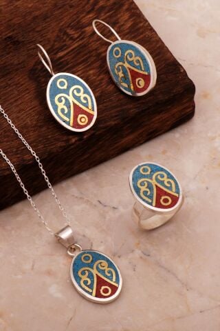 Antik Mozaik İşlemeli Renkli Gümüş Set 2703