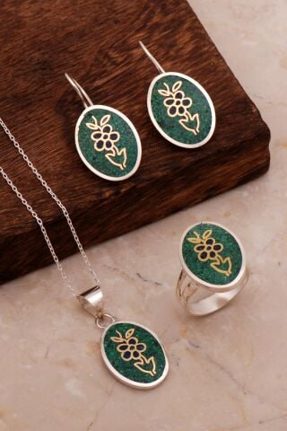 Çiçek Mozaik İşlemeli Renkli Gümüş Set 2705