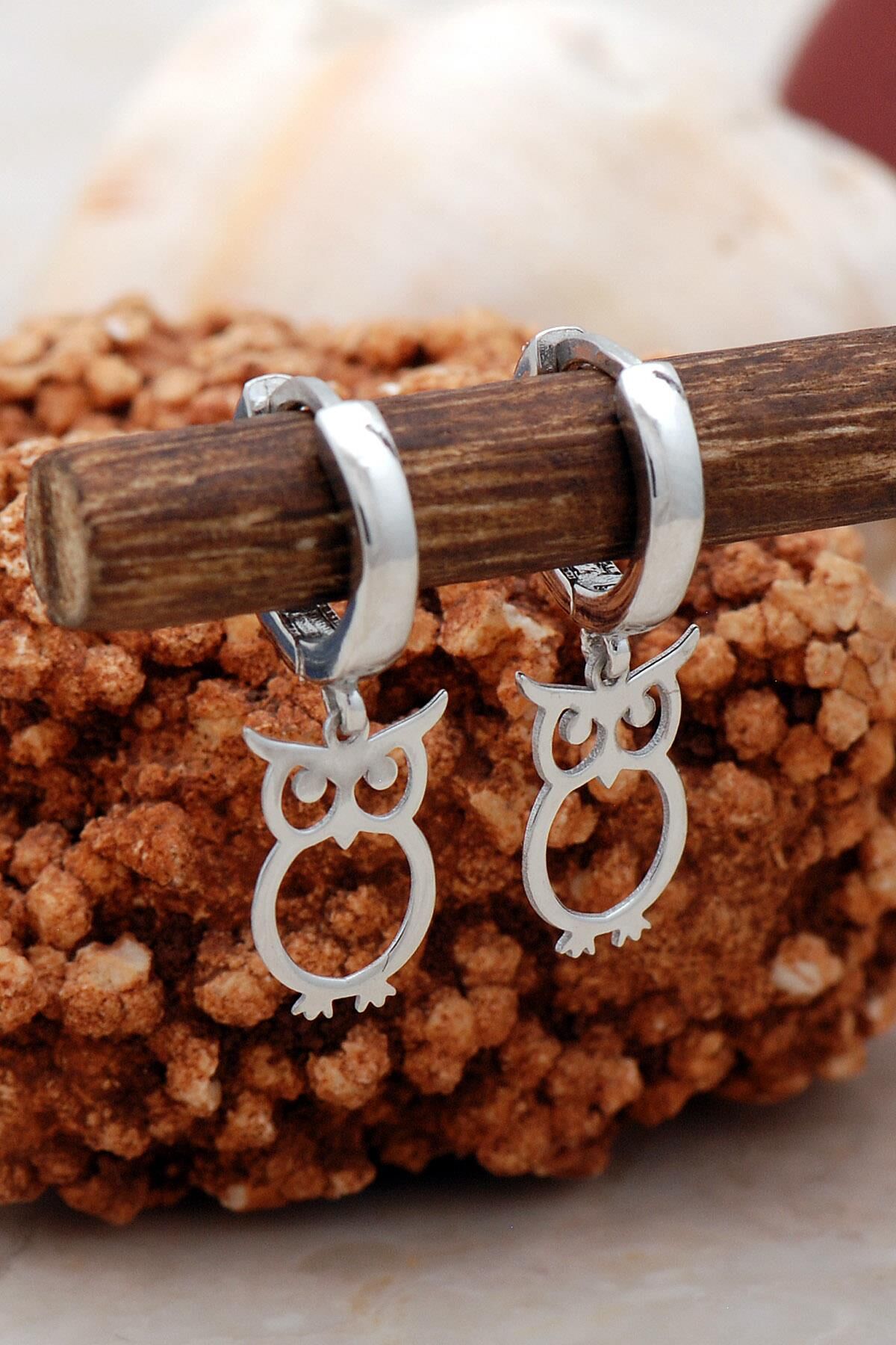 Baykuş Rodyumlu Gümüş Küpe 5429