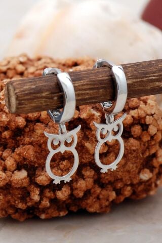 Baykuş Rodyumlu Gümüş Küpe 5429