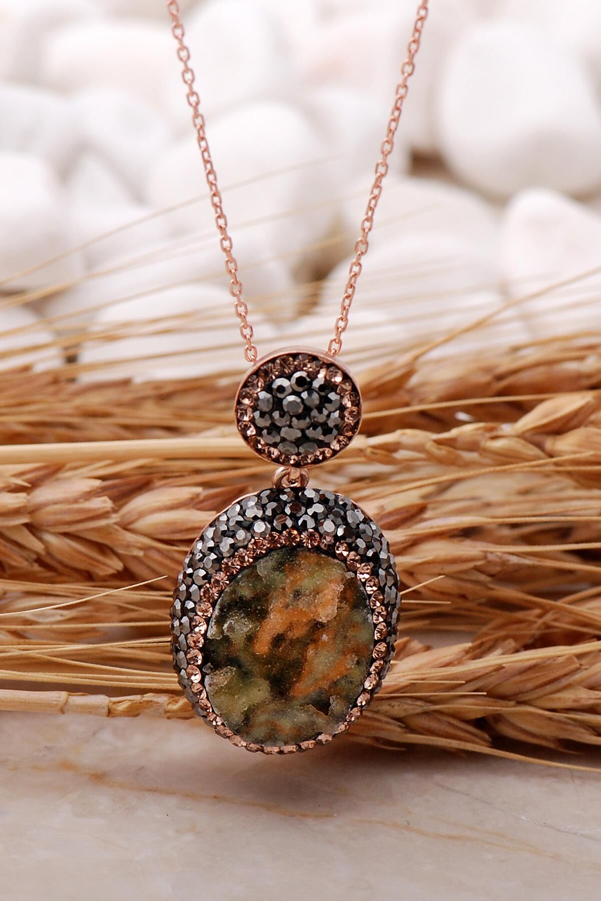 Doğal Krizopraz Taşlı Oval Rose Gümüş Kolye 7438