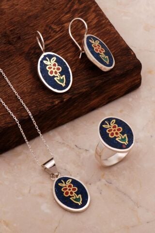 Çiçek Mozaik İşlemeli Renkli Gümüş Set 2707