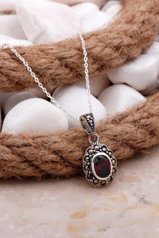 Granat Markazit Taşlı Gümüş Kolye 7818