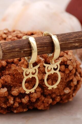 Baykuş Altın Yaldızlı Gümüş Küpe 5431