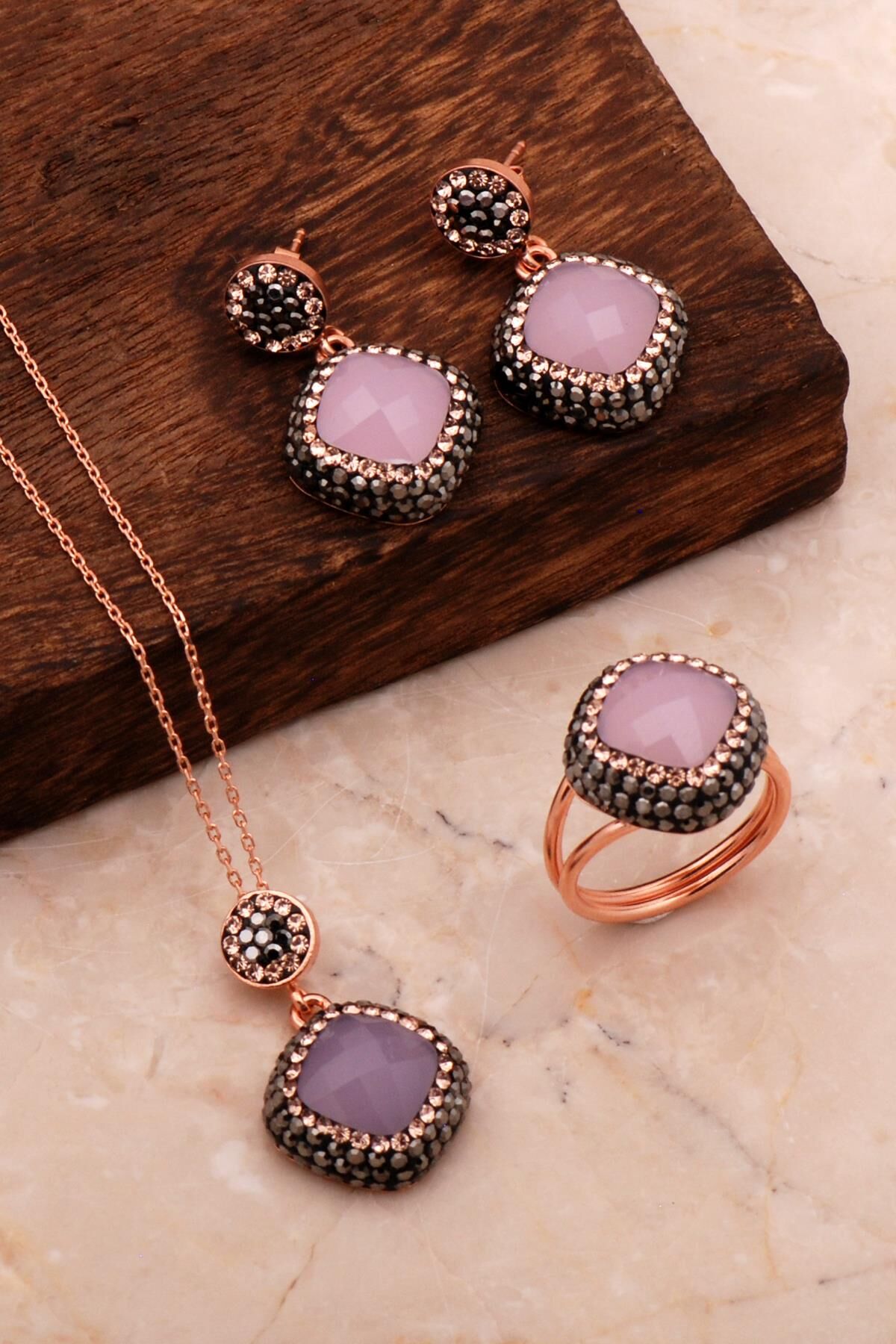 Pembe Kuvars Taşlı Rose Gümüş Set 2709