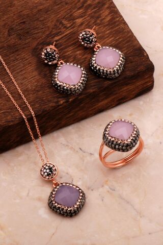 Pembe Kuvars Taşlı Rose Gümüş Set 2709