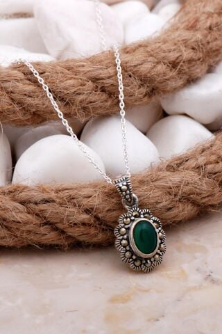 Yeşil Akik Markazit Taşlı Gümüş Kolye 7820