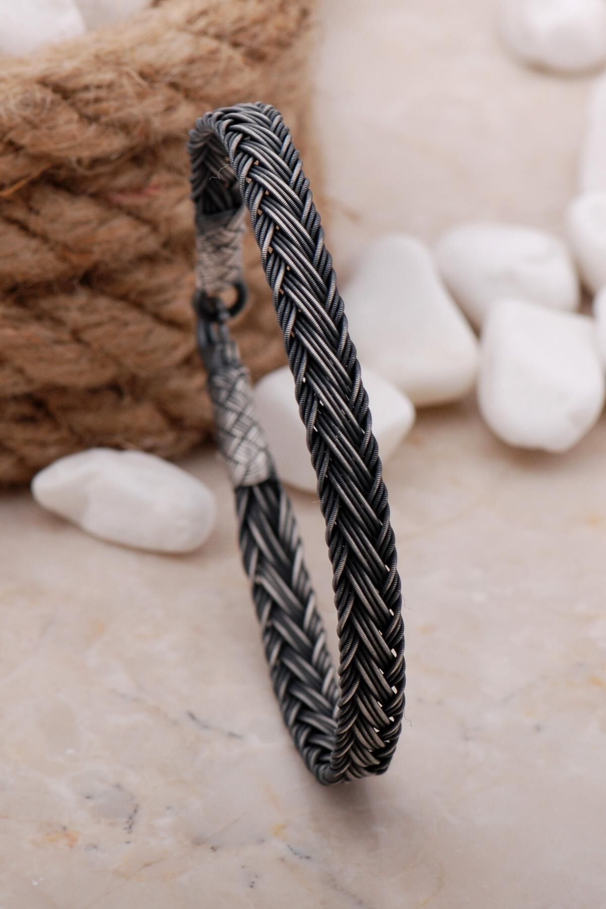 Kazaziye İşlemeli 20 Cm Gümüş Örgü Erkek Bileklik 3881