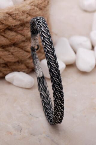 Kazaziye İşlemeli 20 Cm Gümüş Örgü Erkek Bileklik 3881