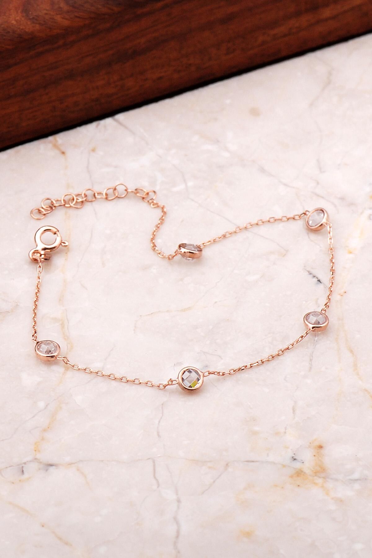 Sıra Taşlı Rose Gümüş Zincir Bileklik 3527
