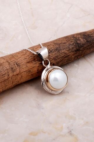 İnci Taşlı Sarma Elişi Gümüş Kolye 7823