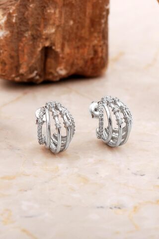 Kafes Tasarım Rodyumlu Gümüş Küpe 7027